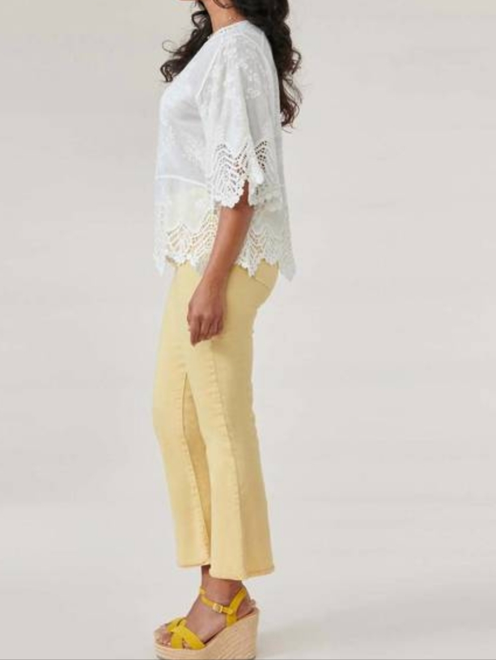 Democracy White Embroidered Crochet Lace-Trim V-neck 3/4 Sleeve Cotton Top XLg - Picture 3 of 9